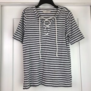 LOFT Black and White Stripe Lace Up Top